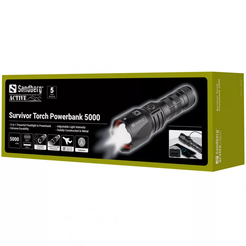 Sandberg Survivor Torch Powerbank 5000, lanterna de mão, preto, alumínio, IPX4, -30 – 40 °C, FCC, RoHS, UKCA, CE