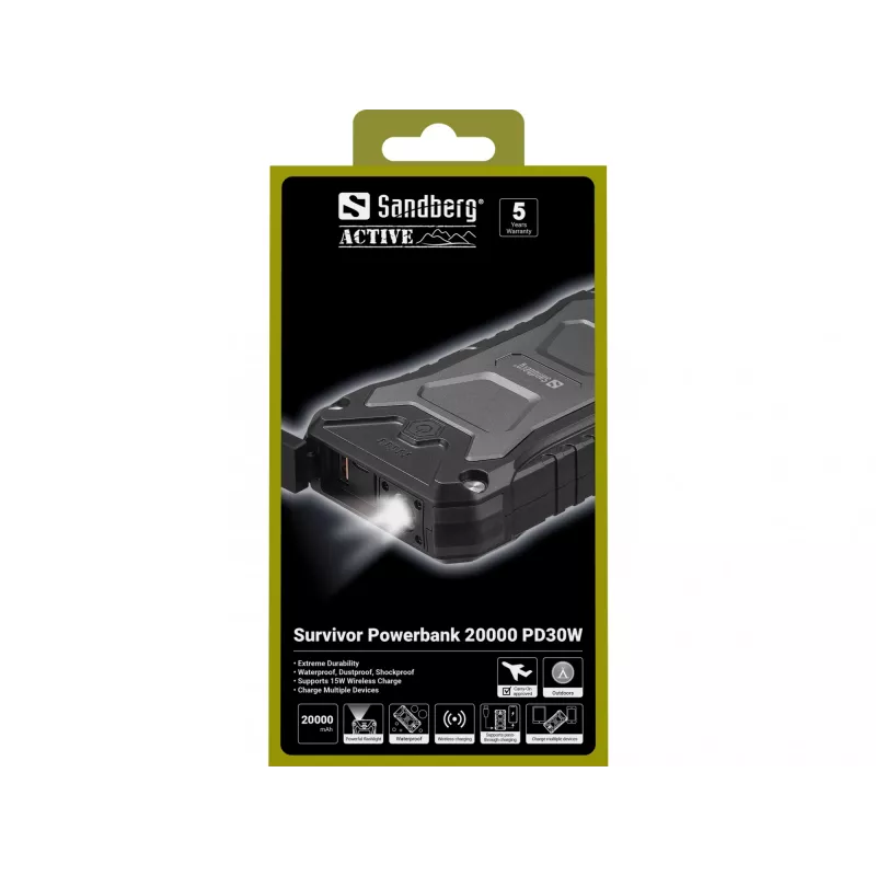 Sandberg Survivor Powerbank 20000 PD30W, 20000 mAh, carregamento sem fios, preto