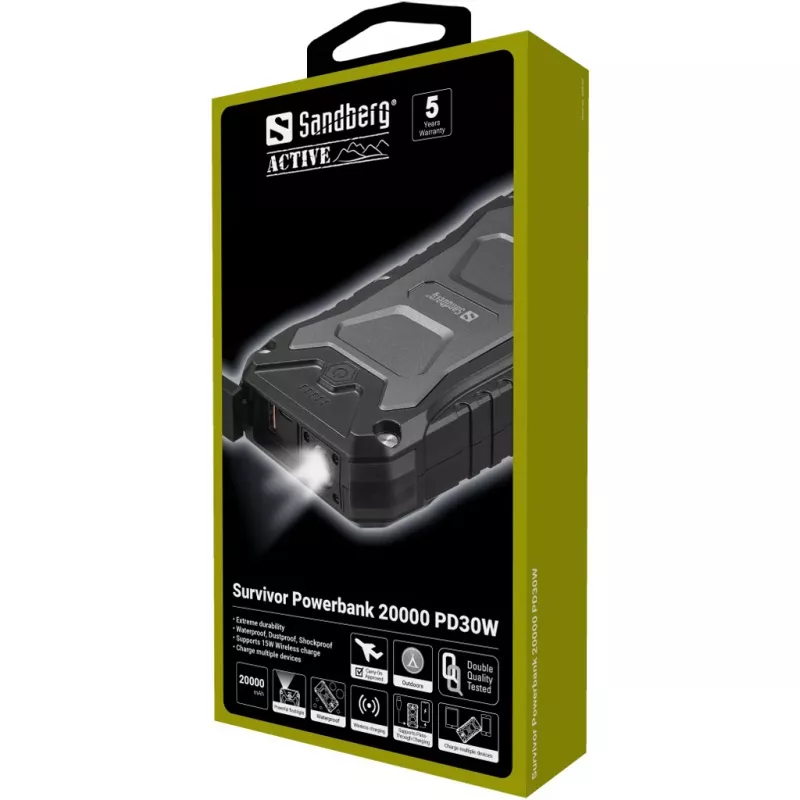 Sandberg Survivor Powerbank 20000 PD30W, 20000 mAh, carregamento sem fios, preto