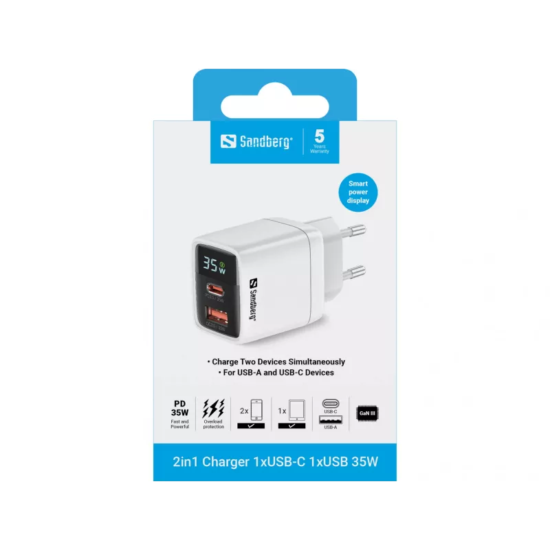 Carregador Sandberg 2in1 1xUSB-C 1xUSB 35W interior AC universal