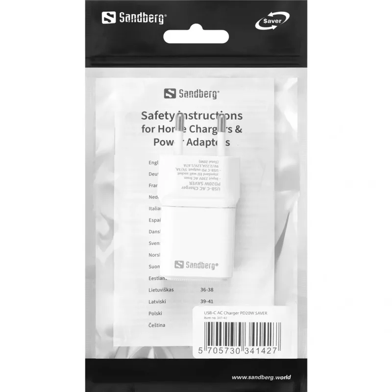 Carregador de parede Sandberg USB-C PD20W SAVER, interior, AC, 12 V, 3 A, branco
