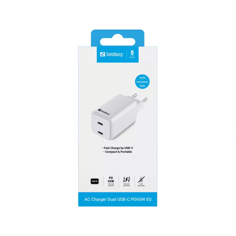 Carregador de parede Sandberg Dual USB-C PD65W EU, interior, AC, 20 V, 3,25 A, branco
