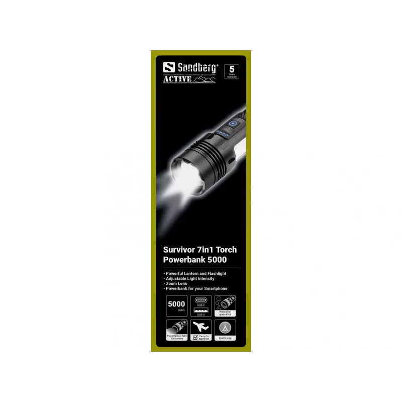 Sandberg Survivor 7in1 Torch Powerbank 5000, lanterna de mão, preto, alumínio, LED, 2 lâmpadas, 200 lm