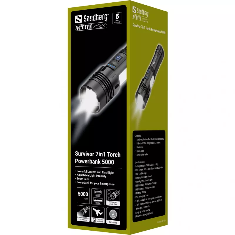 Sandberg Survivor 7in1 Torch Powerbank 5000, lanterna de mão, preto, alumínio, LED, 2 lâmpadas, 200 lm