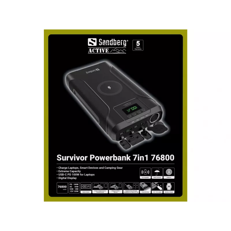 Sandberg Survivor Powerbank 7in1 76800, 76800 mAh, Lithium-Ion (Li-Ion), carregamento sem fios, 3,6 V, preto