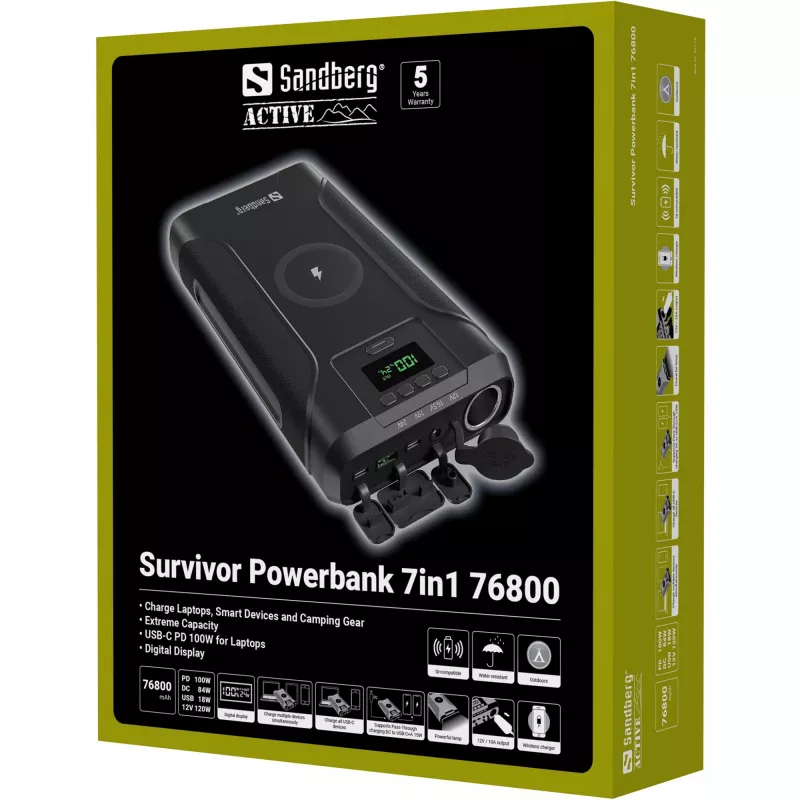 Sandberg Survivor Powerbank 7in1 76800, 76800 mAh, Lithium-Ion (Li-Ion), carregamento sem fios, 3,6 V, preto