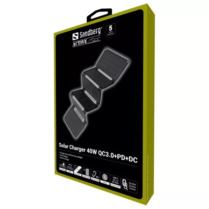 Carregador solar Sandberg 40W QC3.0+PD+DC, Exterior, Solar, Preto