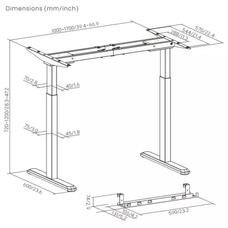 Mesa de altura ajustável up up B-57051PT/W-IA-ED22-60M — tampo branco, pernas pretas, altura ajustável