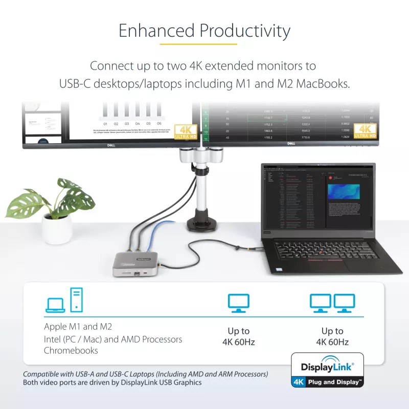 StarTech.com Dock USB-C, HDMI duplo 4K 60Hz, compatível com Macbook Pro (M1/M2/M3/M4) e Windows, hub USB-A/USB-C 10Gbps, 100W Power Delivery, GbE, SD, cabo de 56cm