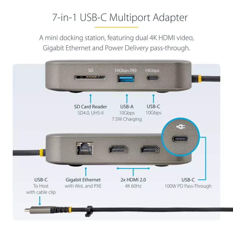 StarTech.com Dock USB-C, HDMI duplo 4K 60Hz, compatível com Macbook Pro (M1/M2/M3/M4) e Windows, hub USB-A/USB-C 10Gbps, 100W Power Delivery, GbE, SD, cabo de 56cm