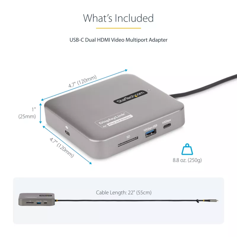 StarTech.com Dock USB-C, HDMI duplo 4K 60Hz, compatível com Macbook Pro (M1/M2/M3/M4) e Windows, hub USB-A/USB-C 10Gbps, 100W Power Delivery, GbE, SD, cabo de 56cm