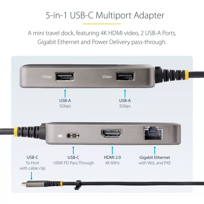 Adaptador multiporta USB-C StarTech.com – HDMI 4K 60Hz – HDR – Hub USB 3.0 de 2 portas 5Gbps – Power Delivery Pass-Through 100W – GbE – Certificado Works with Chromebook – Windows/macOS
