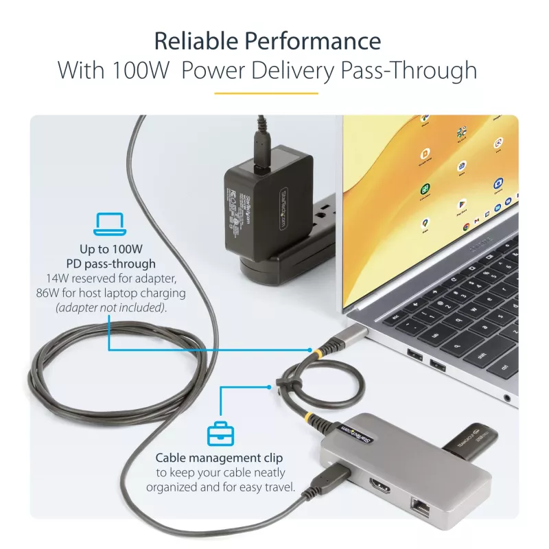 Adaptador multiporta USB-C StarTech.com – HDMI 4K 60Hz – HDR – Hub USB 3.0 de 2 portas 5Gbps – Power Delivery Pass-Through 100W – GbE – Certificado Works with Chromebook – Windows/macOS