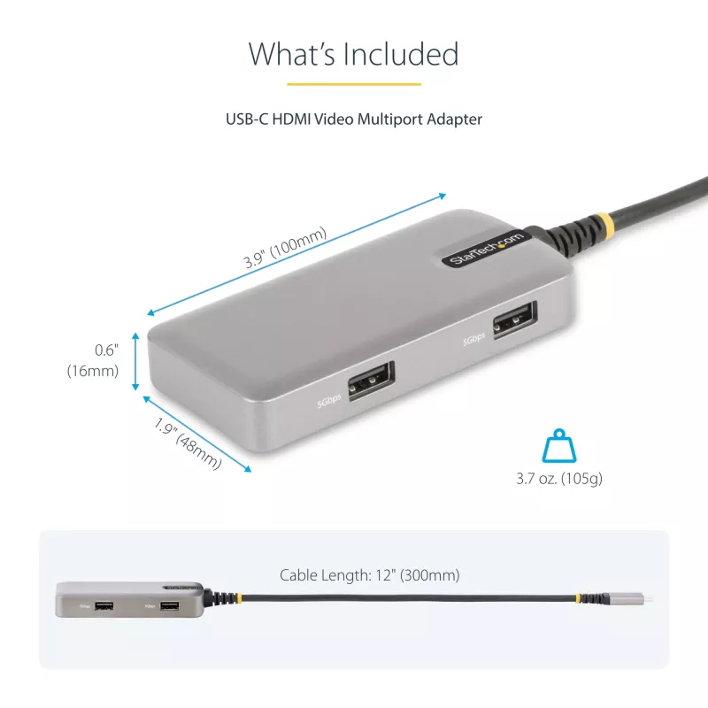 Adaptador multiporta USB-C StarTech.com – HDMI 4K 60Hz – HDR – Hub USB 3.0 de 2 portas 5Gbps – Power Delivery Pass-Through 100W – GbE – Certificado Works with Chromebook – Windows/macOS