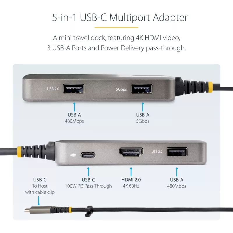 StarTech.com Adaptador multiporta USB-C - HDMI 4K 60Hz com HDR - hub USB de 3 portas - 100W Power Delivery Pass-Through - certificado Works With Chromebook - Windows/macOS/iPadOS/Android™