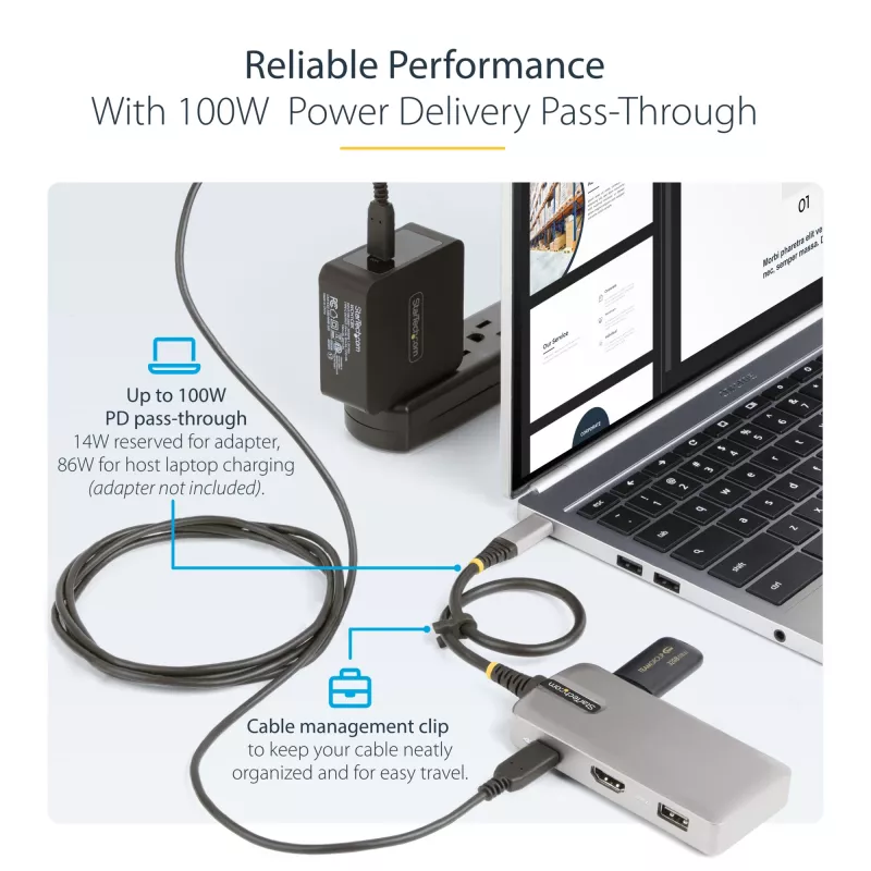 StarTech.com Adaptador multiporta USB-C - HDMI 4K 60Hz com HDR - hub USB de 3 portas - 100W Power Delivery Pass-Through - certificado Works With Chromebook - Windows/macOS/iPadOS/Android™