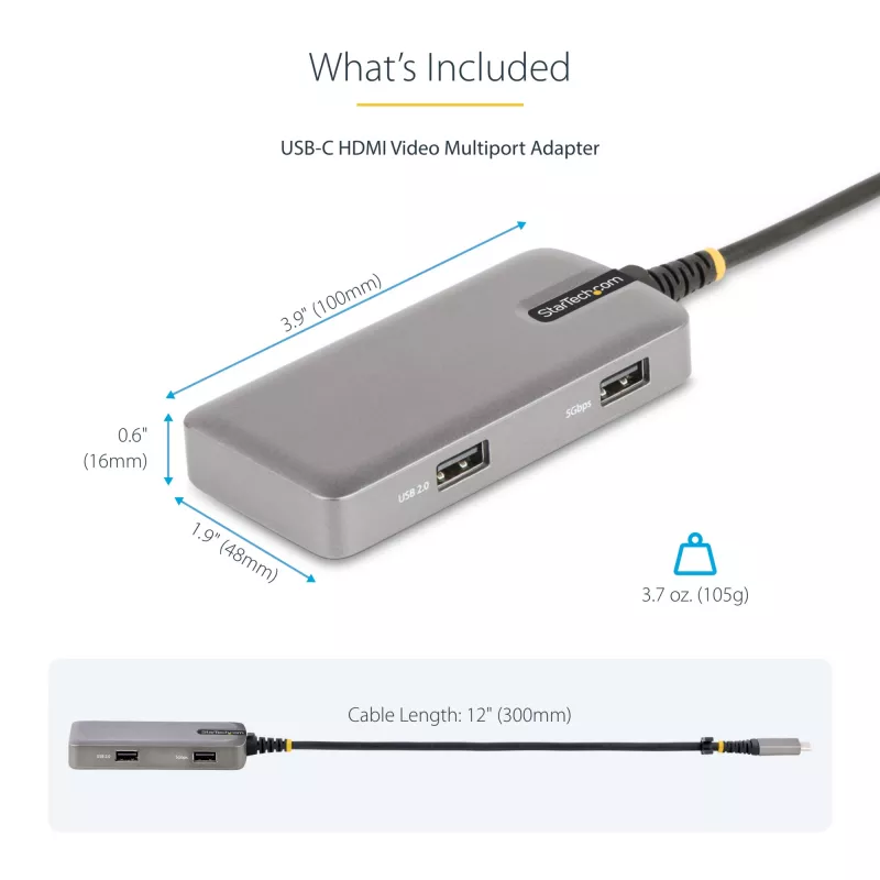 StarTech.com Adaptador multiporta USB-C - HDMI 4K 60Hz com HDR - hub USB de 3 portas - 100W Power Delivery Pass-Through - certificado Works With Chromebook - Windows/macOS/iPadOS/Android™
