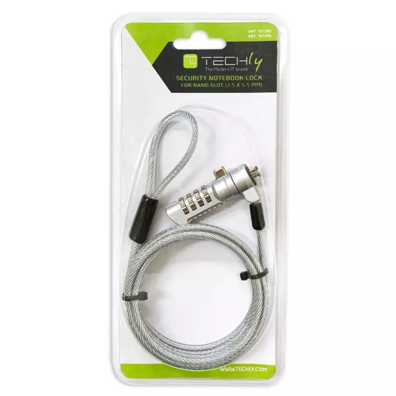 Techly Fechadura de segurança numérica combinada para portátil para ranhura Nano, 1,8 m, fechadura numérica, metal, aço, prateado