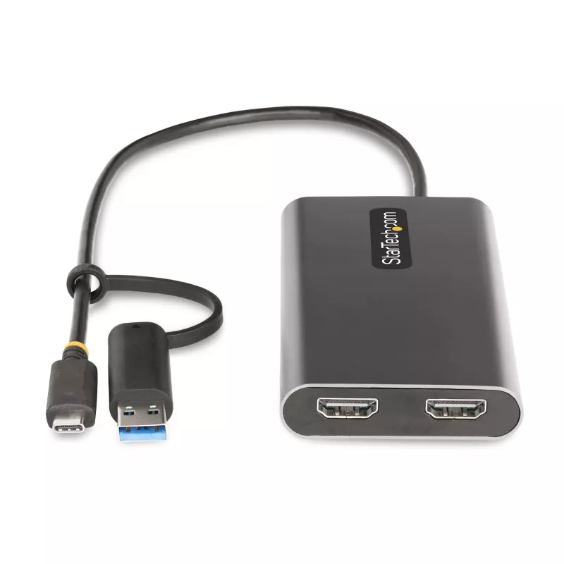 StarTech.com Adaptador USB-C para HDMI duplo – USB-C ou A para 2x HDMI – 4K 60Hz – 100W Power Delivery Pass-Through – cabo integrado de 30 cm (1ft) – conversor USB para HDMI multi-monitor para portátil – TAA