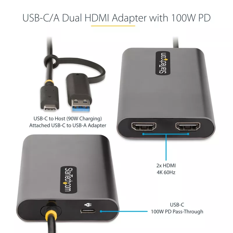 StarTech.com Adaptador USB-C para HDMI duplo – USB-C ou A para 2x HDMI – 4K 60Hz – 100W Power Delivery Pass-Through – cabo integrado de 30 cm (1ft) – conversor USB para HDMI multi-monitor para portátil – TAA