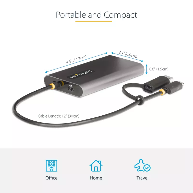 StarTech.com Adaptador USB-C para HDMI duplo – USB-C ou A para 2x HDMI – 4K 60Hz – 100W Power Delivery Pass-Through – cabo integrado de 30 cm (1ft) – conversor USB para HDMI multi-monitor para portátil – TAA