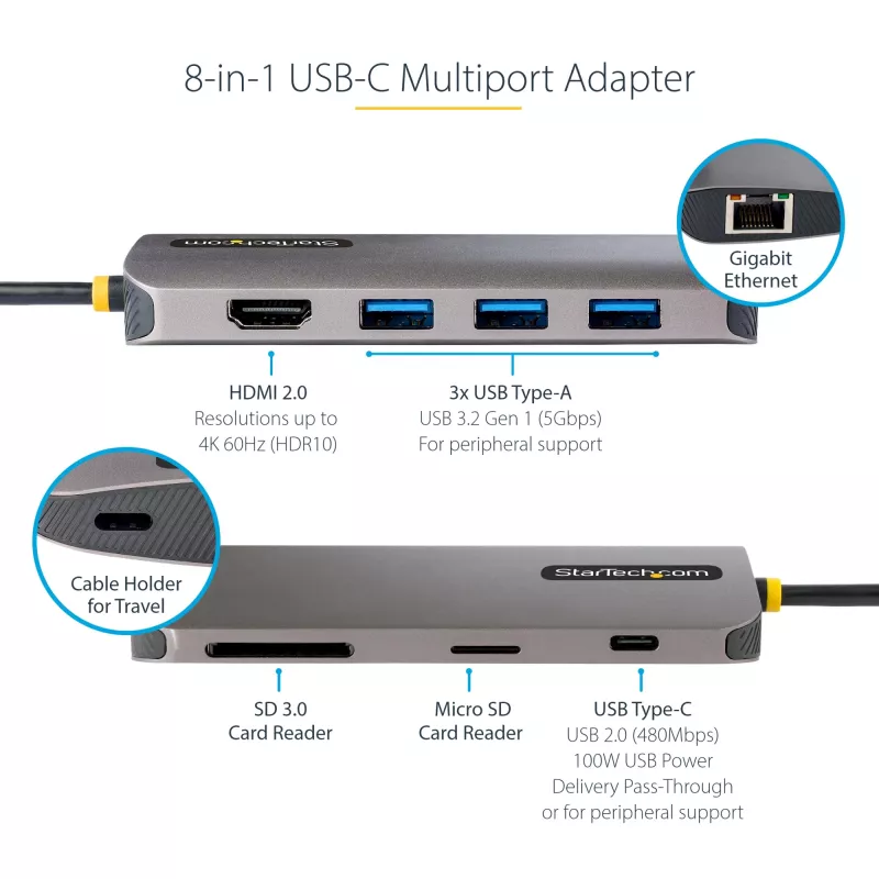 StarTech.com Adaptador multiporta USB-C – vídeo HDMI 4K 60Hz, hub USB-A de 3 portas 5Gbit/s, 100W USB Power Delivery Pass-Through/GbE/SD/MicroSD, cabo de 30cm, dock portátil para portátil