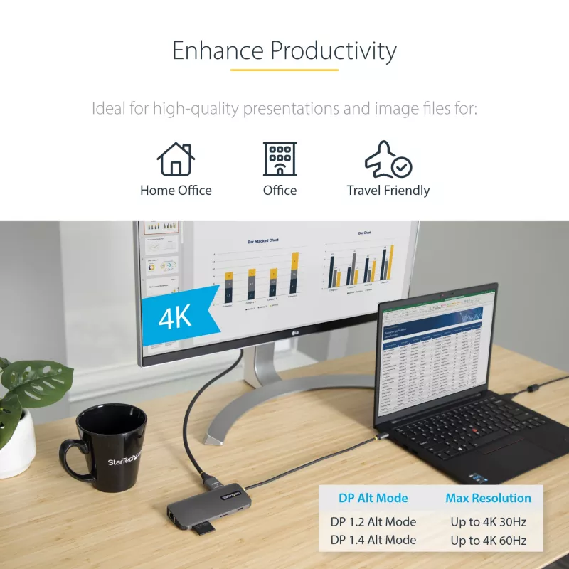 StarTech.com Adaptador multiporta USB-C – vídeo HDMI 4K 60Hz, hub USB-A de 3 portas 5Gbit/s, 100W USB Power Delivery Pass-Through/GbE/SD/MicroSD, cabo de 30cm, dock portátil para portátil