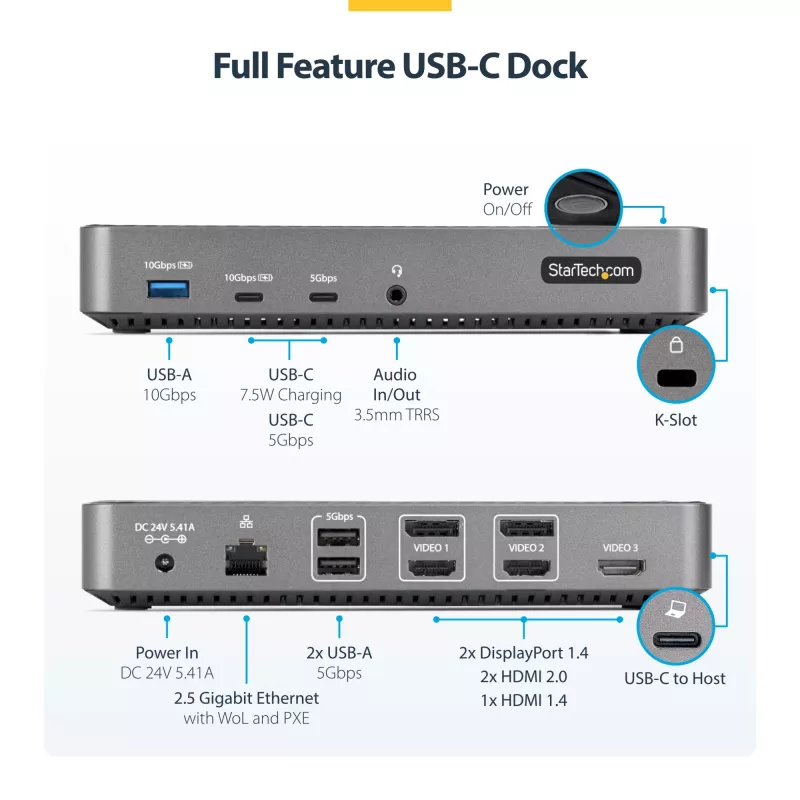 StarTech.com Dock USB-C para três monitores - Dock USB-C HDMI/DP triplo 4k - hub USB 5x - GbE - 100W PD - dock universal multi-monitor - compatível com Thunderbolt 3/4