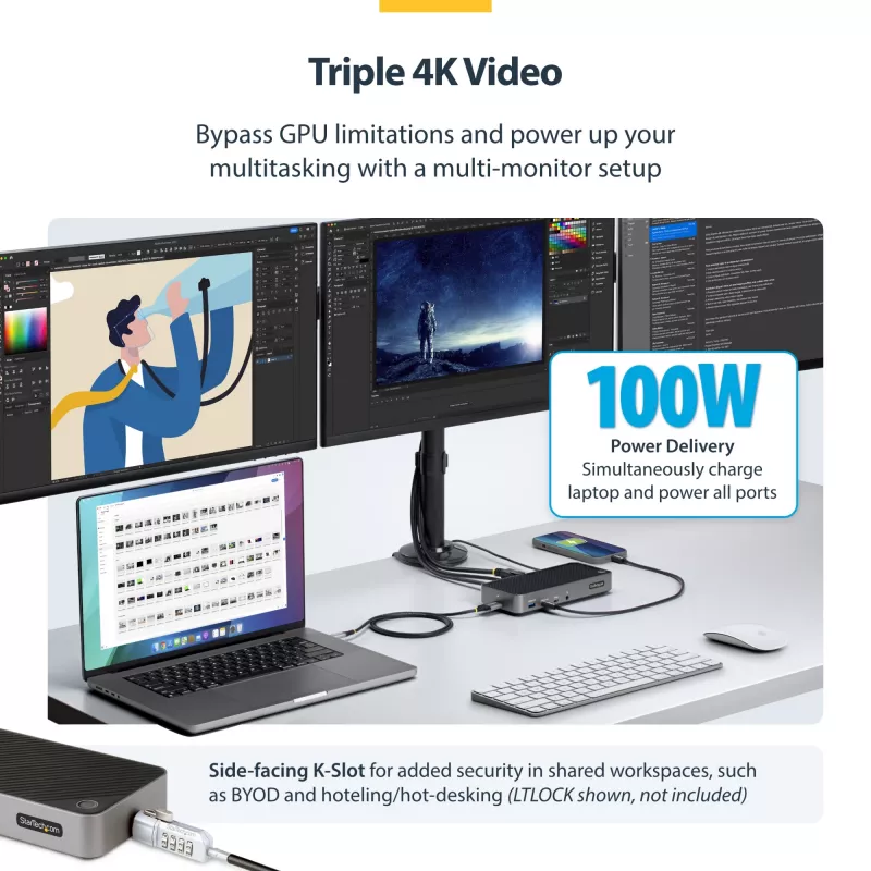 StarTech.com Dock USB-C para três monitores - Dock USB-C HDMI/DP triplo 4k - hub USB 5x - GbE - 100W PD - dock universal multi-monitor - compatível com Thunderbolt 3/4
