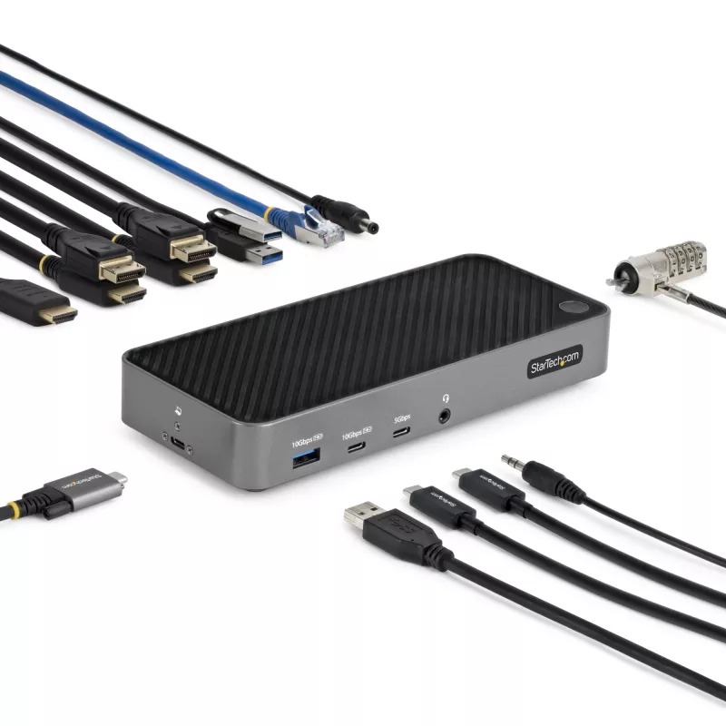 StarTech.com Dock USB-C para três monitores - Dock USB-C HDMI/DP triplo 4k - hub USB 5x - GbE - 100W PD - dock universal multi-monitor - compatível com Thunderbolt 3/4