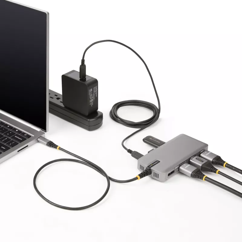 StarTech.com Adaptador multiporta USB-C para três monitores, HDMI e DisplayPort duplo 4K 60Hz + 4K 30Hz, hub USB de 3 portas 10Gbps, 100W PD Pass-Through, GbE, dock de viagem, Windows e ChromeOS