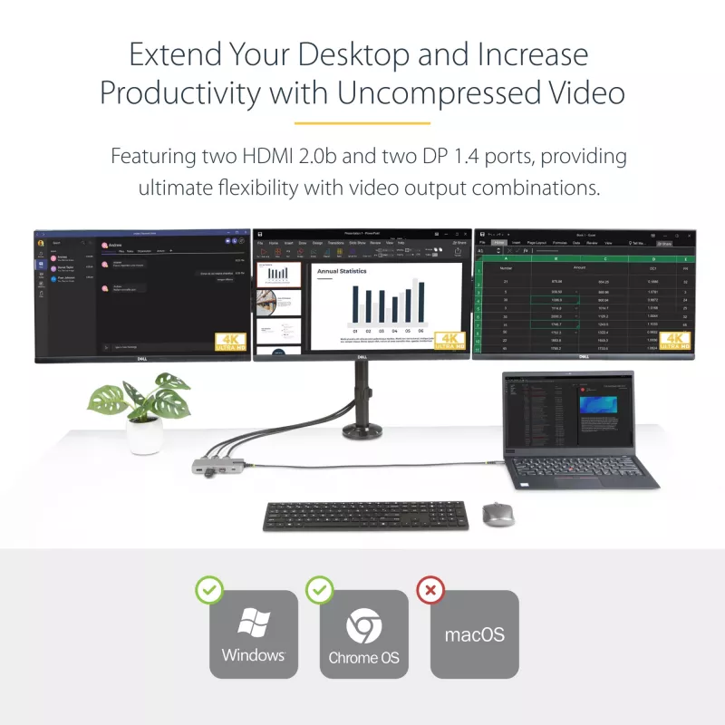 StarTech.com Adaptador multiporta USB-C para três monitores, HDMI e DisplayPort duplo 4K 60Hz + 4K 30Hz, hub USB de 3 portas 10Gbps, 100W PD Pass-Through, GbE, dock de viagem, Windows e ChromeOS