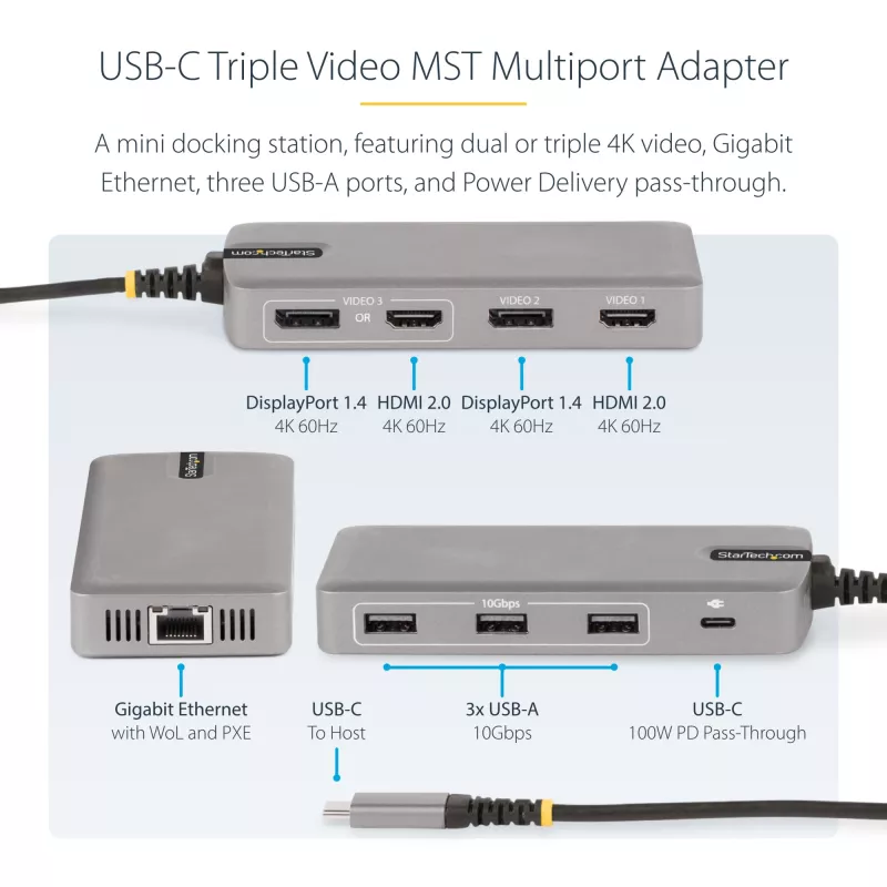 StarTech.com Adaptador multiporta USB-C para três monitores, HDMI e DisplayPort duplo 4K 60Hz + 4K 30Hz, hub USB de 3 portas 10Gbps, 100W PD Pass-Through, GbE, dock de viagem, Windows e ChromeOS