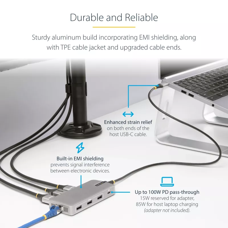 StarTech.com Adaptador multiporta USB-C para três monitores, HDMI e DisplayPort duplo 4K 60Hz + 4K 30Hz, hub USB de 3 portas 10Gbps, 100W PD Pass-Through, GbE, dock de viagem, Windows e ChromeOS