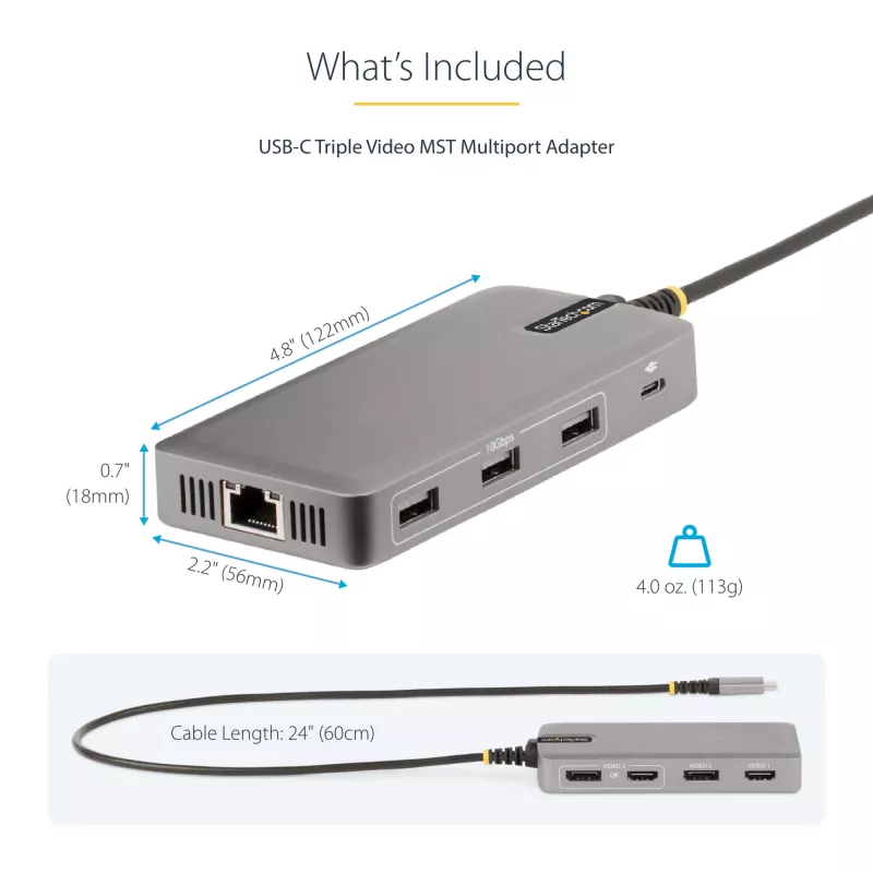 StarTech.com Adaptador multiporta USB-C para três monitores, HDMI e DisplayPort duplo 4K 60Hz + 4K 30Hz, hub USB de 3 portas 10Gbps, 100W PD Pass-Through, GbE, dock de viagem, Windows e ChromeOS
