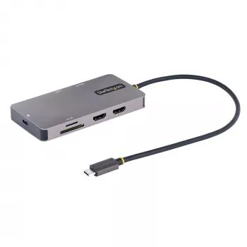 StarTech.com Adaptador multiporta USB-C, vídeo HDMI duplo, 4K 60Hz, hub USB-A de 2 portas 5 Gbit/s, 100 W Power Delivery Pass-Through/GbE/SD/MicroSD, cabo de 30 cm, dock de viagem, dock para portátil
