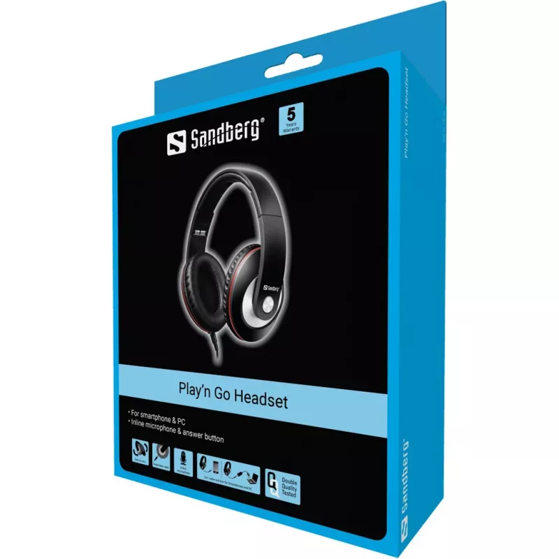 Sandberg Play'n Go Headset preto, com fios, chamadas/música, 20 - 20000 Hz, 430 g, headset, preto