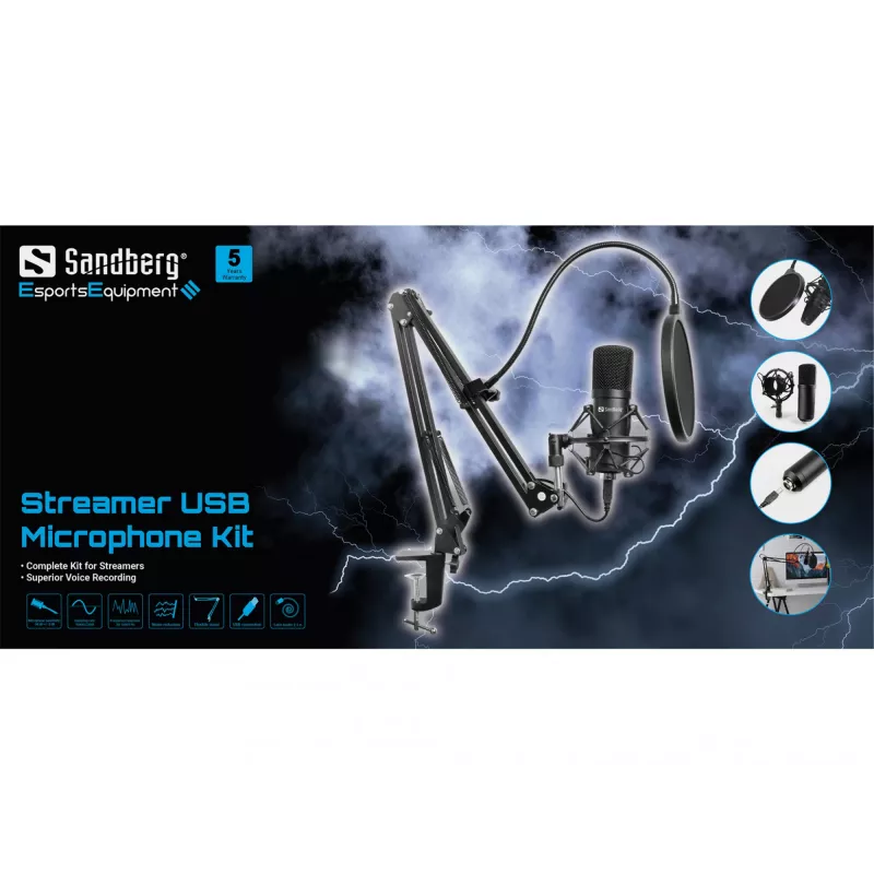 Sandberg Streamer Kit de microfone USB, microfone de estúdio, -27 dB, 30 - 16000 Hz, 24 bit, 96 kHz, unidirecional