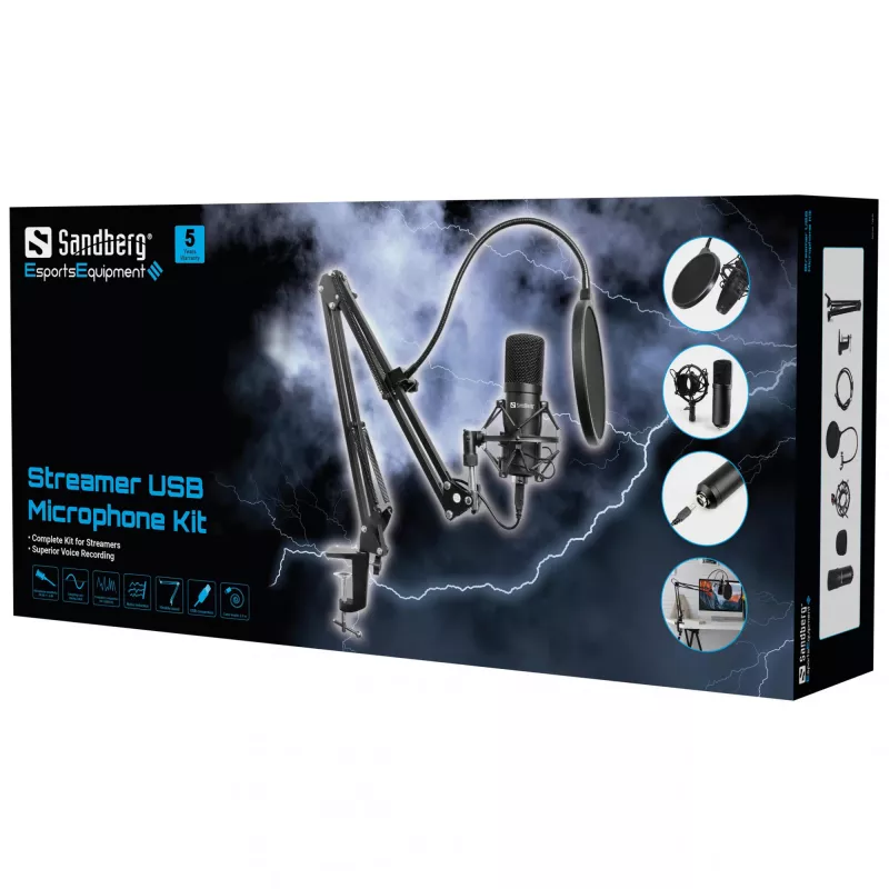 Sandberg Streamer Kit de microfone USB, microfone de estúdio, -27 dB, 30 - 16000 Hz, 24 bit, 96 kHz, unidirecional