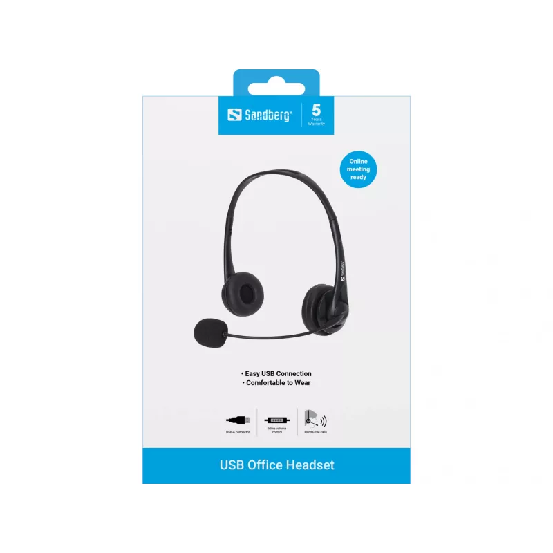 Sandberg Headset USB Office, com fios, escritório/call center, 20 - 20000 Hz, 94 g, headset, preto