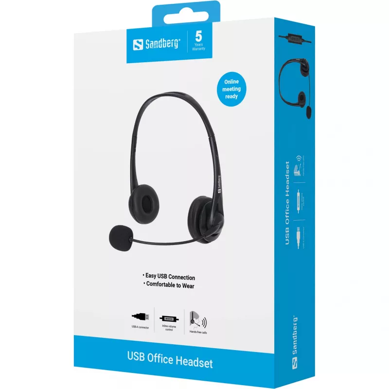 Sandberg Headset USB Office, com fios, escritório/call center, 20 - 20000 Hz, 94 g, headset, preto