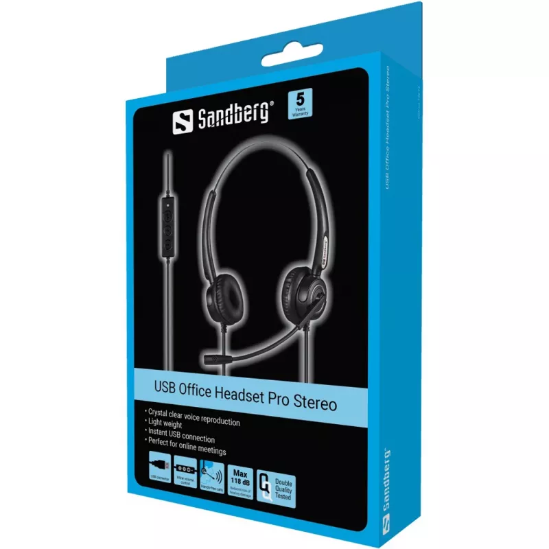 Sandberg Headset USB Office Pro Stereo, com fios, escritório/call center, 20 - 20000 Hz, 115 g, headset, preto