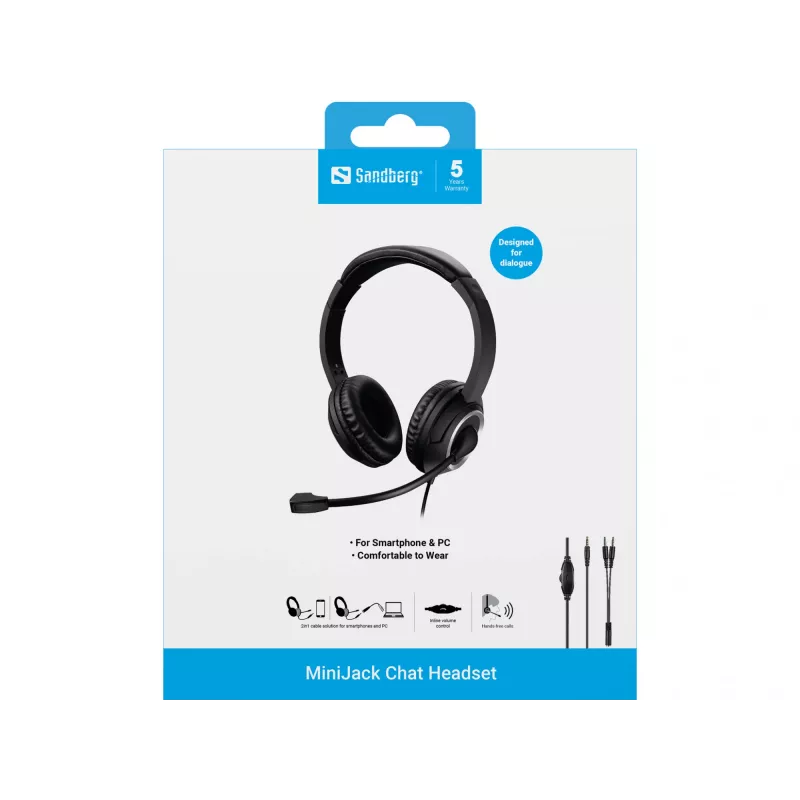 Sandberg Headset MiniJack Chat, com fios, chamadas/música, 20 - 20000 Hz, 180 g, headset, preto