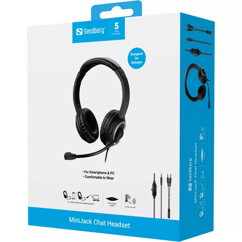 Sandberg Headset MiniJack Chat, com fios, chamadas/música, 20 - 20000 Hz, 180 g, headset, preto