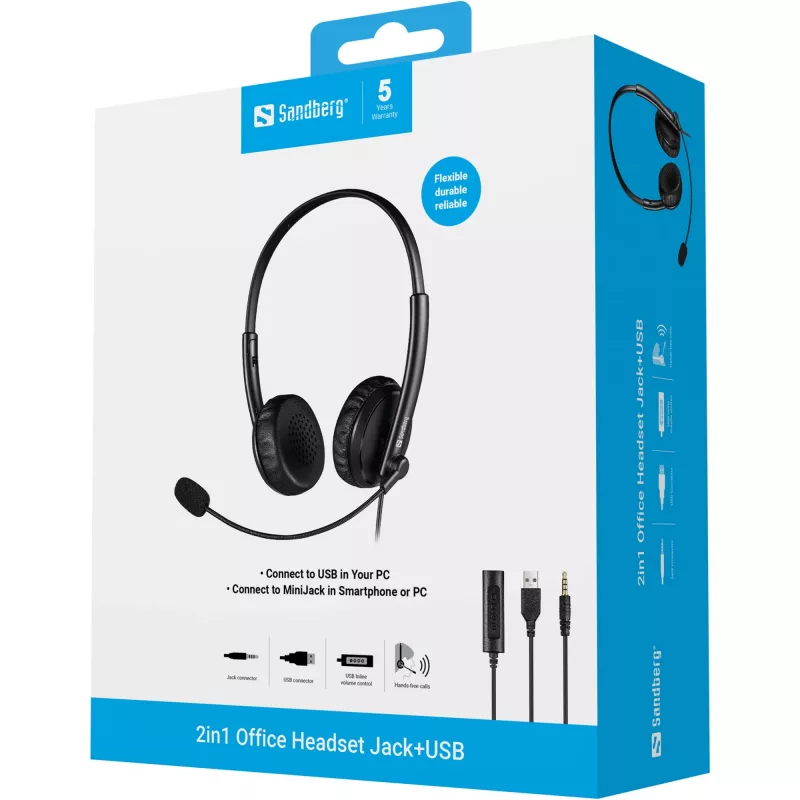 Sandberg Headset 2in1 Office Jack+USB, com fios, escritório/call center, 20 - 20000 Hz, 110 g, auscultadores, preto
