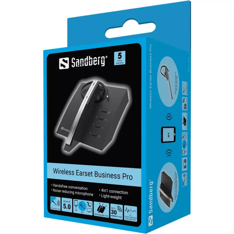 Sandberg 126-25 Bluetooth Earset Business Pro, auricular monoauricular com gancho, Bluetooth 5.0, 20–20000 Hz, preto/cinzento