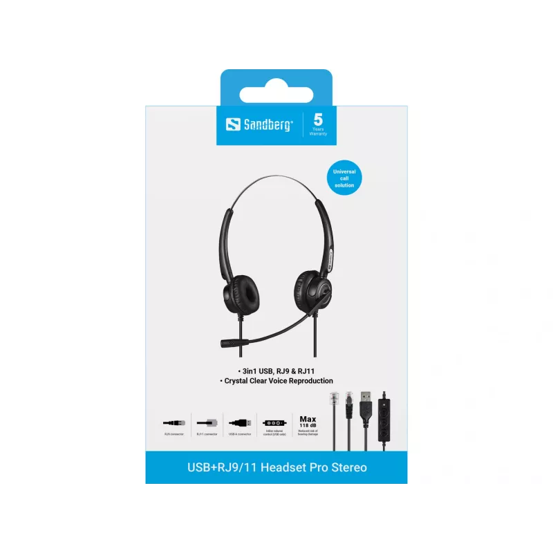 Sandberg Headset USB+RJ9/11 Pro Stereo, com fios, escritório/call center, 20 - 7000 Hz, headset, preto