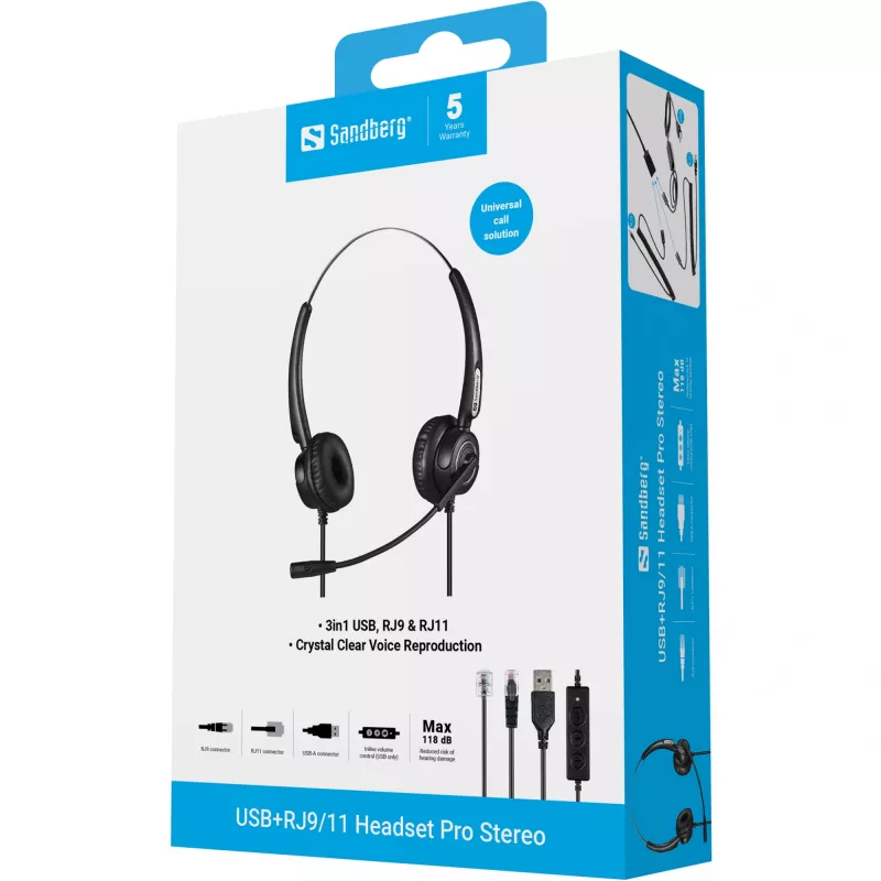 Sandberg Headset USB+RJ9/11 Pro Stereo, com fios, escritório/call center, 20 - 7000 Hz, headset, preto
