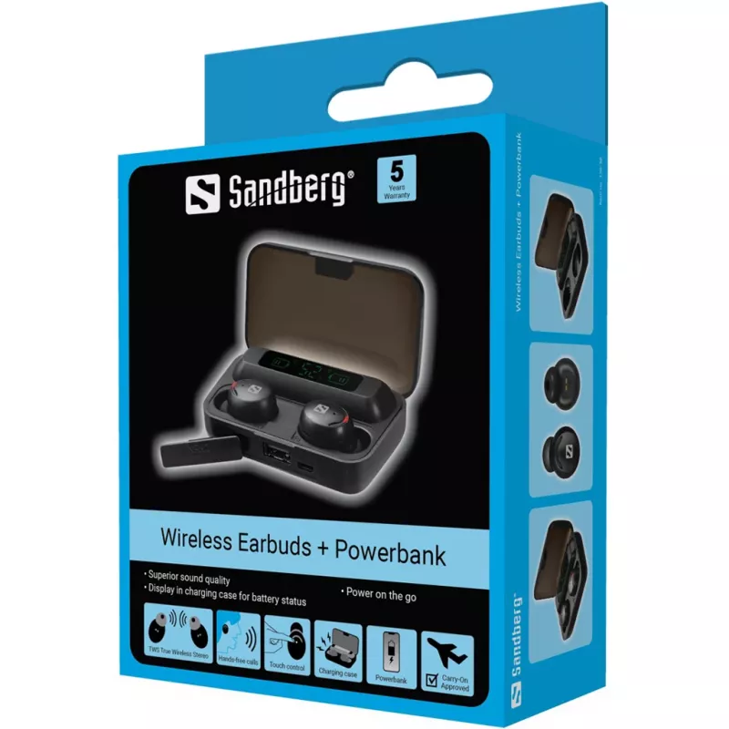 Sandberg Earbuds sem fios + powerbank, True Wireless Stereo (TWS), 20 - 20000 Hz, chamadas/música, headset, preto