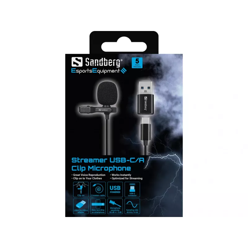 Sandberg Microfone de clipe USB Streamer, microfone lavalier/de lapela, -38 dB, 50 - 18000 Hz, 16 Bit, 48 kHz, 84 dB